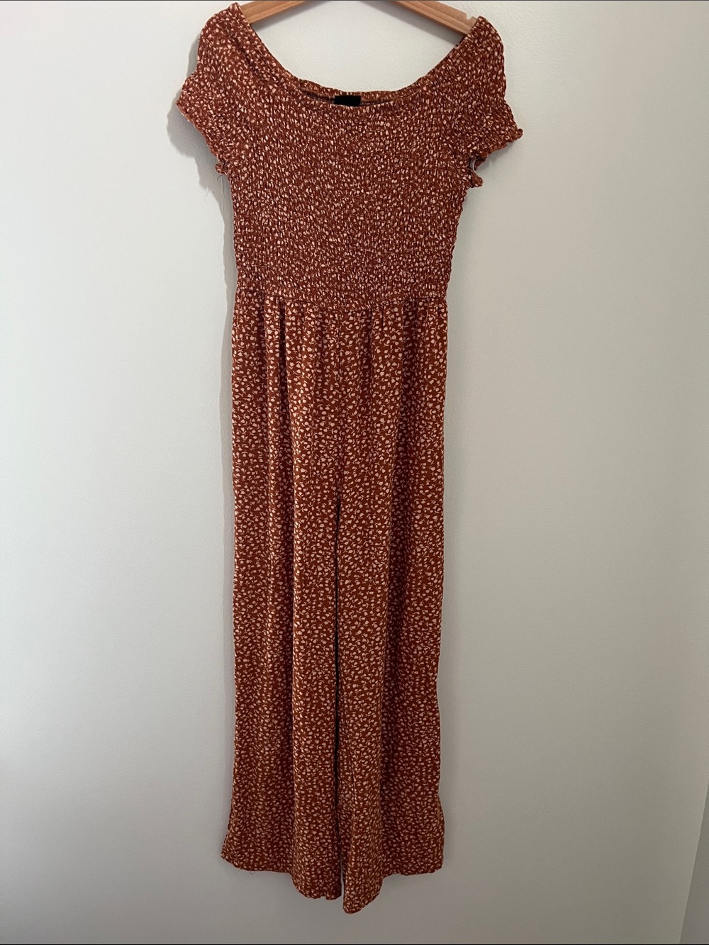 Art Class | Rust Floral Smocked Short-Sleeve Girls Jumpsuit Size M (7/8)